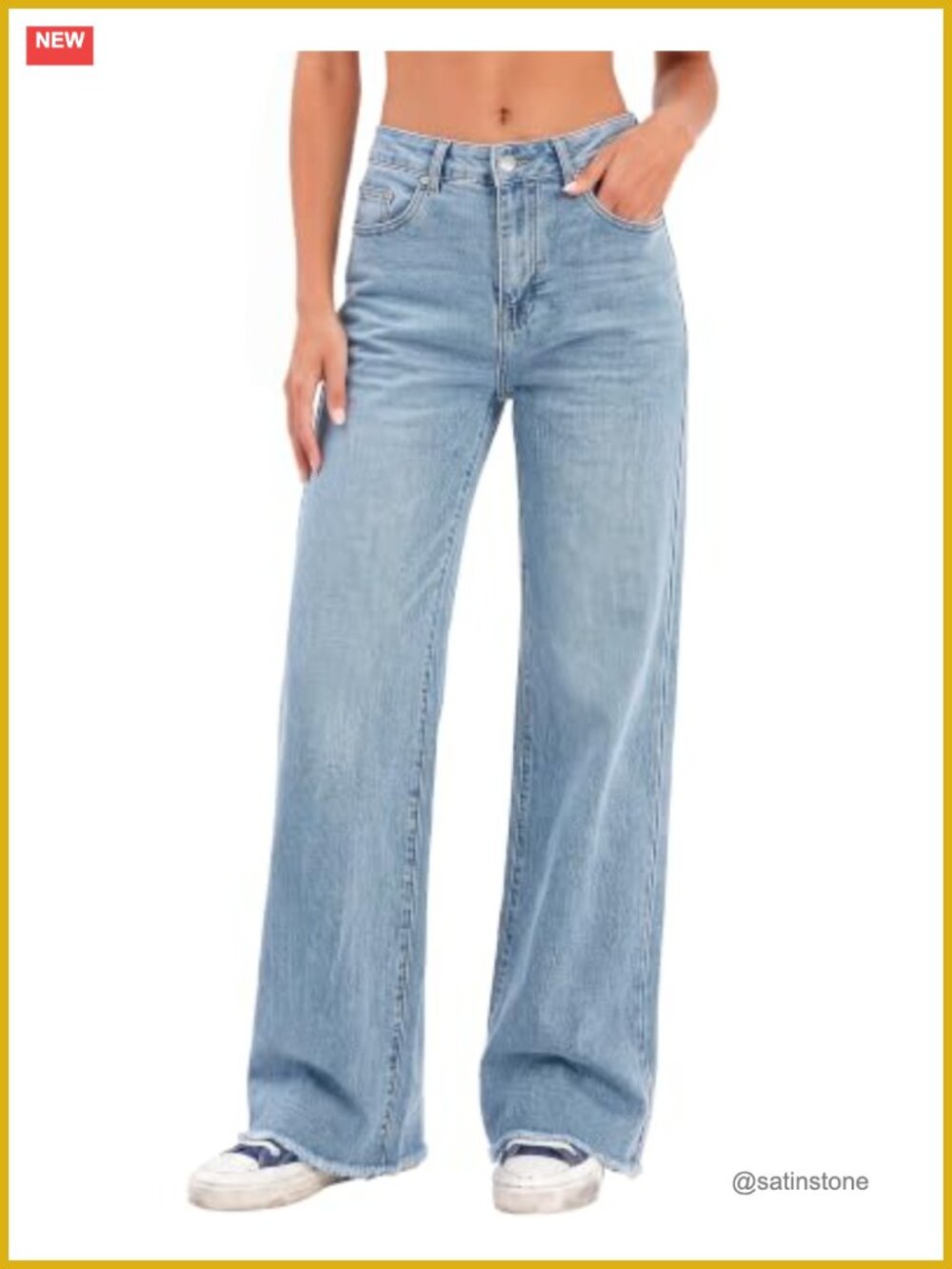 Womens Baggy High Waist Stretch Denim Wide Leg Jeans Raw Hem